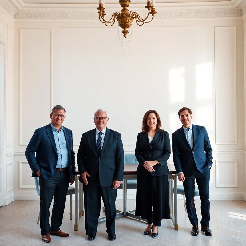 Four senior professionals in a warm-white meeting room with ink-blue accent wall