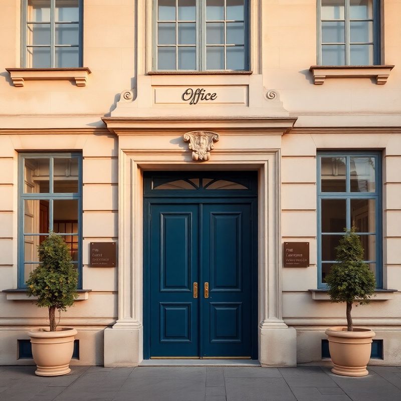 First-floor office entrance in a restored Baroque central-European building with ink-blue door