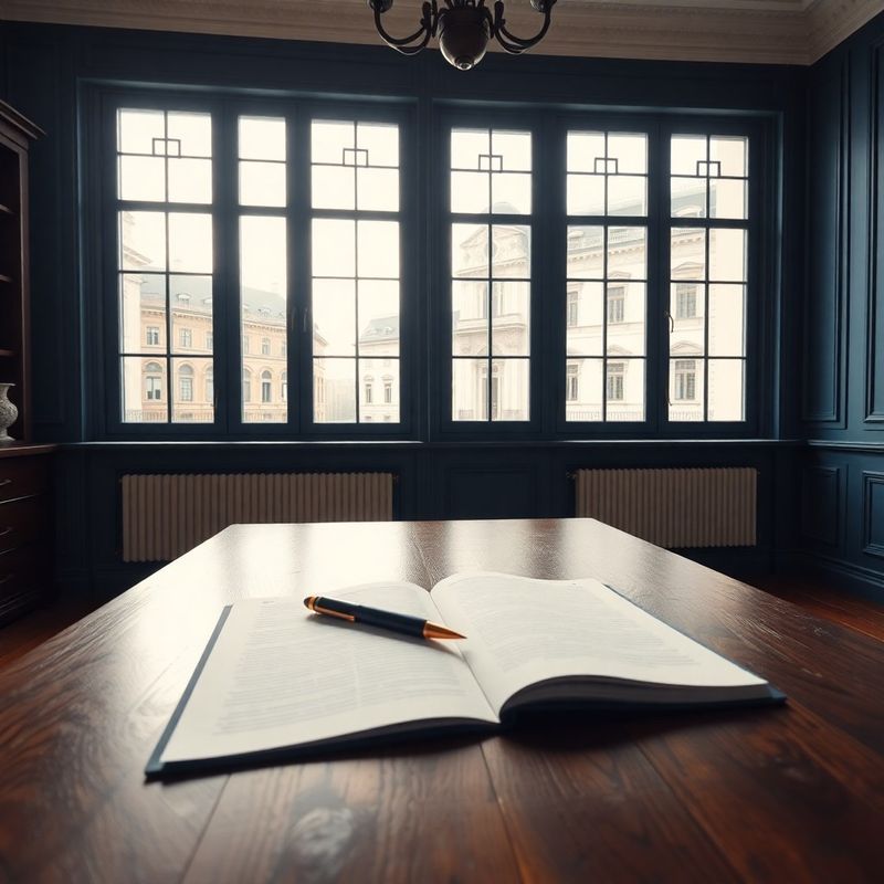 Ink-blue and warm-white office interior with a wooden desk and tall windows